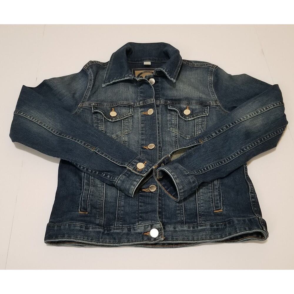 Michael Kors Medium Wash Blue Denim Jean Jacket Gold Logo Womens Small